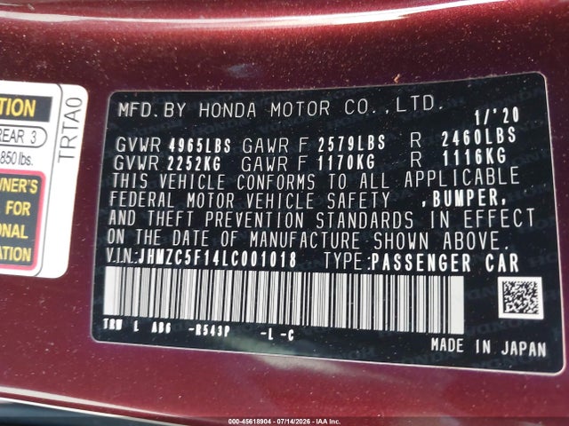 JHMZC5F14LC001018 Honda CLARITY PLUG-IN HYBRID