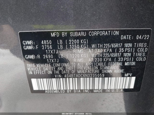 2022 Subaru Outback Premium მანქანა იყიდება აუქციონზე, vin: 4S4BTADC6N3235059, აუქციონის ნომერი: 45618917