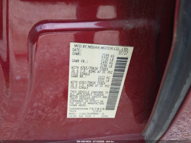45618924 :رقم المزاد ، 1N6DD0ER4HN767858 vin ، 2017 Nissan Frontier Sv مزاد بيع