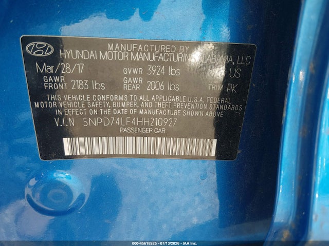Aukcja sprzedaży 2017 Hyundai Elantra Se, vin: 5NPD74LF4HH210927, numer aukcji: 45618925