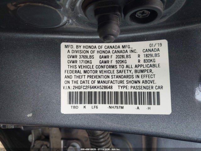 45618929 :رقم المزاد ، 2HGFC2F64KH528648 vin ، 2019 Honda Civic Lx مزاد بيع
