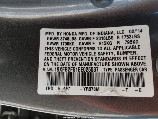 Honda Civic Lx 2014 19XFB2F51EE025037 Image 9