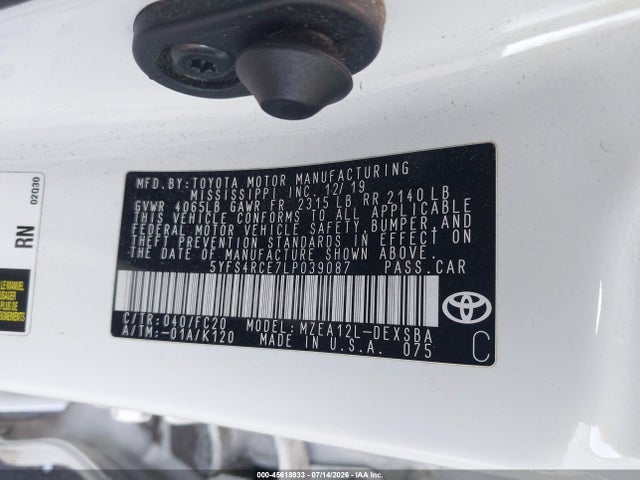 Toyota COROLLA SE 2020 5YFS4RCE7LP039087 Image 9