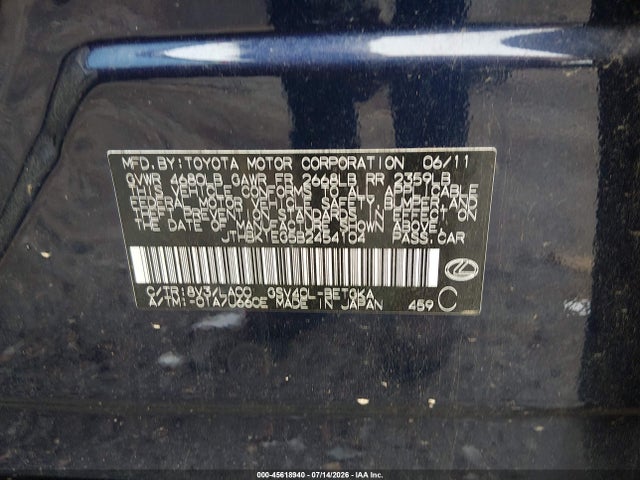 Aukcja sprzedaży 2011 Lexus Es 350, vin: JTHBK1EG5B2454104, numer aukcji: 45618940