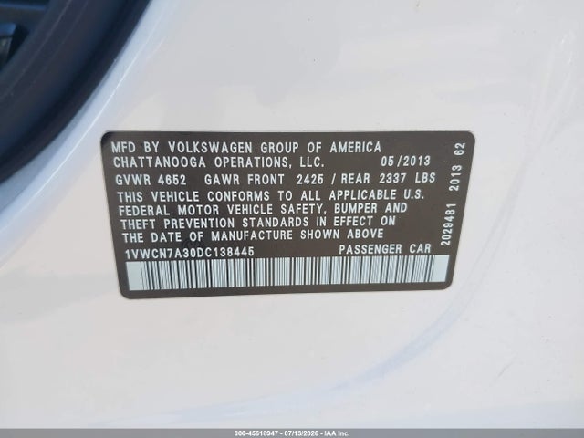 Aukcja sprzedaży 2013 Volkswagen Passat 2.0l Tdi Sel Premium, vin: 1VWCN7A30DC138445, numer aukcji: 45618947