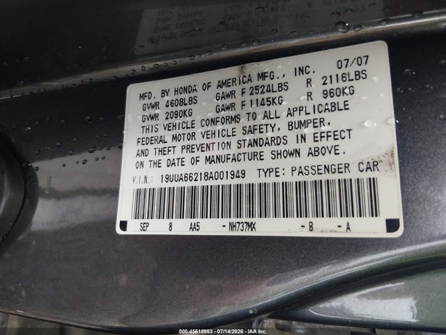 Aukcja sprzedaży 2008 Acura Tl 3.2, vin: 19UUA66218A001949, numer aukcji: 45618953