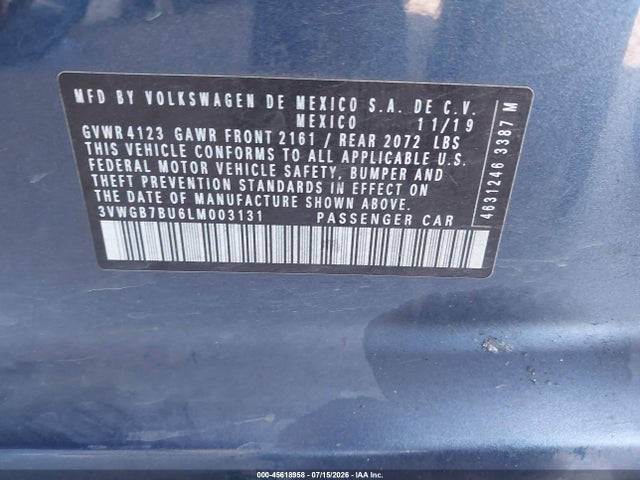 2020 Volkswagen Jetta 1.4t Sel Premium მანქანა იყიდება აუქციონზე, vin: 3VWGB7BU6LM003131, აუქციონის ნომერი: 45618958