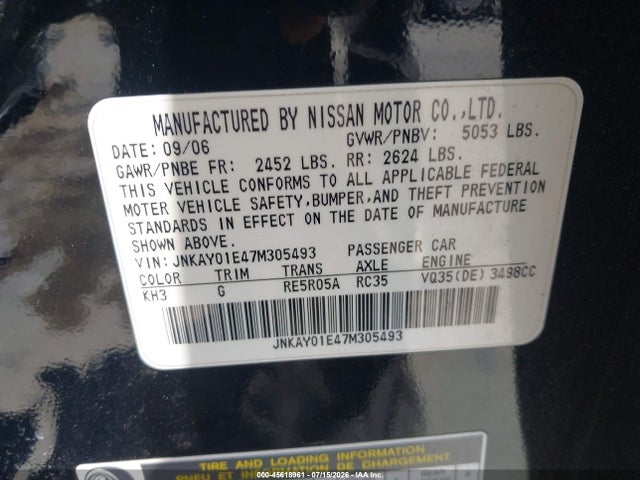 Продаж на аукціоні авто 2007 Infiniti M35, vin: JNKAY01E47M305493, номер лоту: 45618961