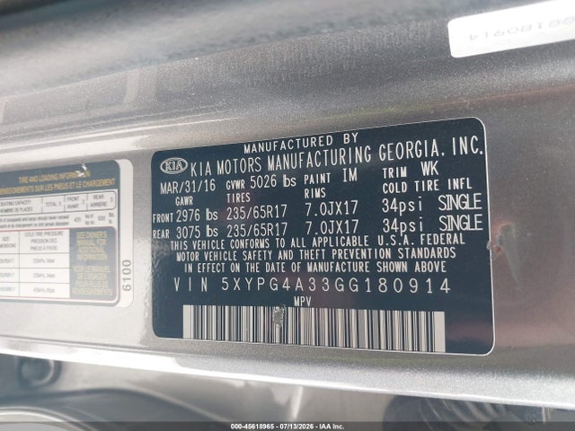 45618965 :رقم المزاد ، 5XYPG4A33GG180914 vin ، 2016 Kia Sorento 2.4l Lx مزاد بيع