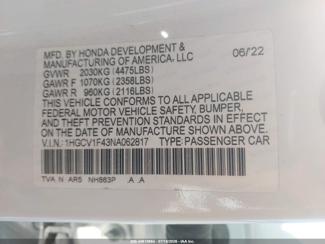 1HGCV1F43NA062817 Honda Accord Sport Special Edition