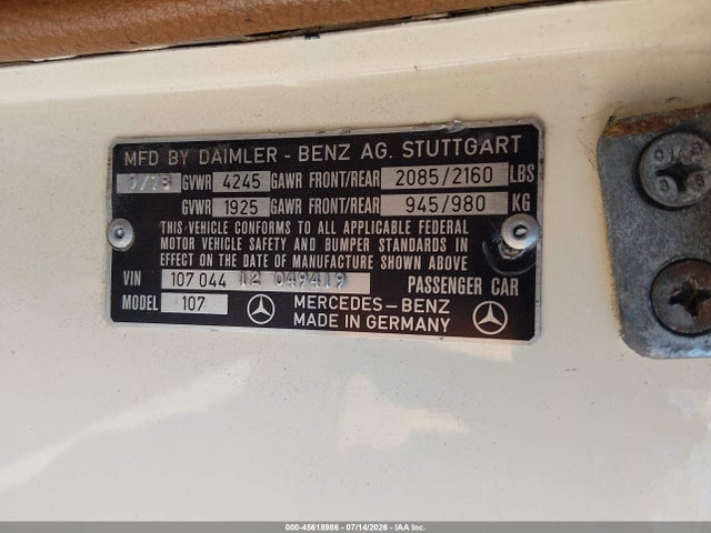 Продаж на аукціоні авто 1979 Mercedes Sl 450, vin: 10704412049419, номер лоту: 45618986