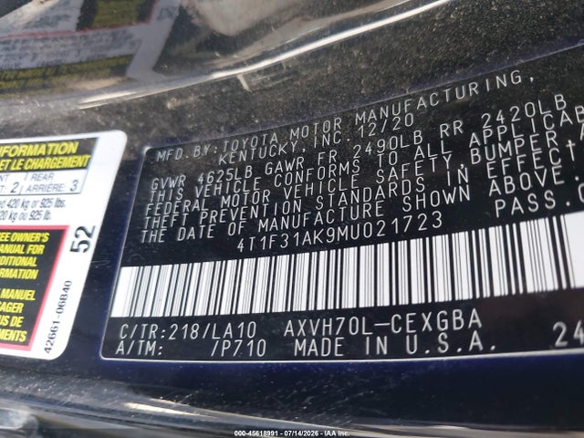 Продажа на аукционе авто 2021 Toyota Camry Xle Hybrid, vin: 4T1F31AK9MU021723, номер лота: 45618991
