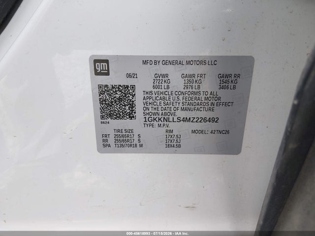 45618993 :رقم المزاد ، 1GKKNLLS4MZ226492 vin ، 2021 Gmc Acadia Awd At4 مزاد بيع