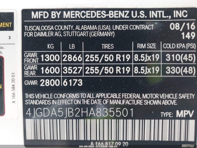 Aukcja sprzedaży 2017 Mercedes-benz Gle 350, vin: 4JGDA5JB2HA835501, numer aukcji: 45619000