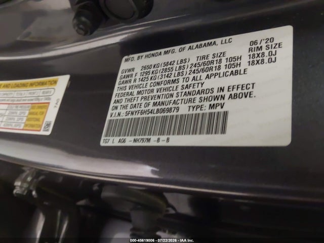 Aukcja sprzedaży 2020 Honda Pilot Awd Ex-l, vin: 5FNYF6H54LB069879, numer aukcji: 45619006