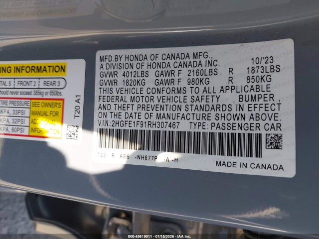 2HGFE1F91RH307467 Honda Civic Touring
