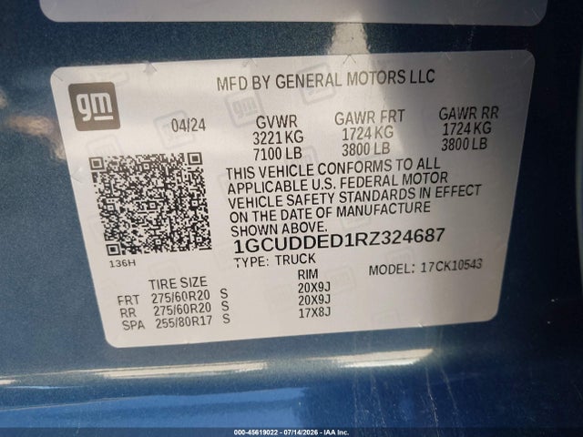 45619022 :رقم المزاد ، 1GCUDDED1RZ324687 vin ، 2024 Chevrolet Silverado 1500 4wd  Short Bed Lt مزاد بيع