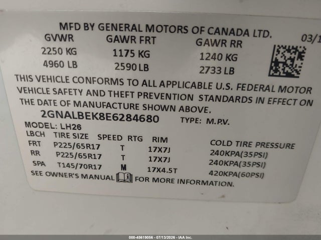 Продажа на аукционе авто 2014 Chevrolet Equinox Lt, vin: 2GNALBEK8E6284680, номер лота: 45619056