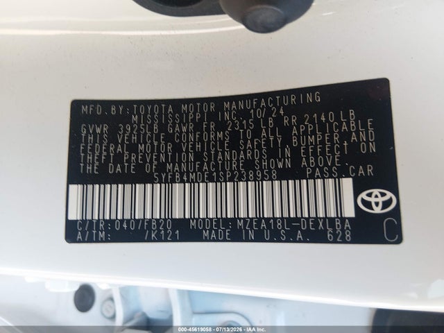 Продаж на аукціоні авто 2025 Toyota Corolla Le, vin: 5YFB4MDE1SP238958, номер лоту: 45619058