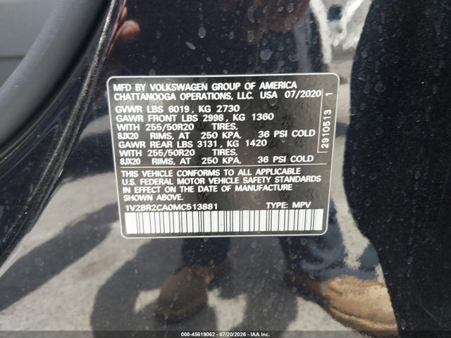 1V2BR2CA0MC513881 Volkswagen Atlas 3.6l V6 Sel
