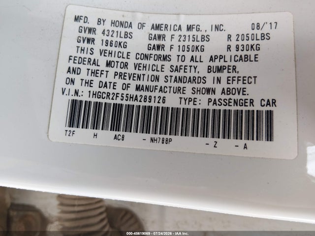 1HGCR2F55HA289126 Honda Accord Sport