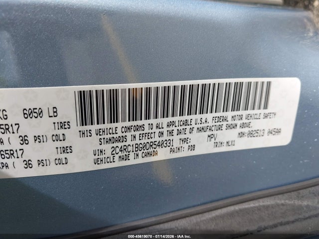 2013 Chrysler Town & Country Touring მანქანა იყიდება აუქციონზე, vin: 2C4RC1BG0DR540331, აუქციონის ნომერი: 45619070