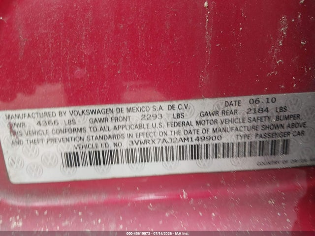 Продаж на аукціоні авто 2010 Volkswagen Jetta Limited Edition, vin: 3VWRX7AJ2AM149900, номер лоту: 45619073