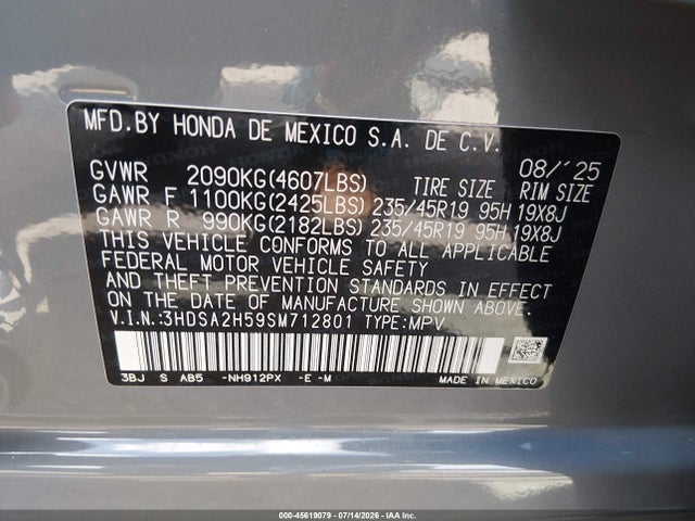 45619079 :رقم المزاد ، 3HDSA2H59SM712801 vin ، 2025 Acura Adx A-spec مزاد بيع
