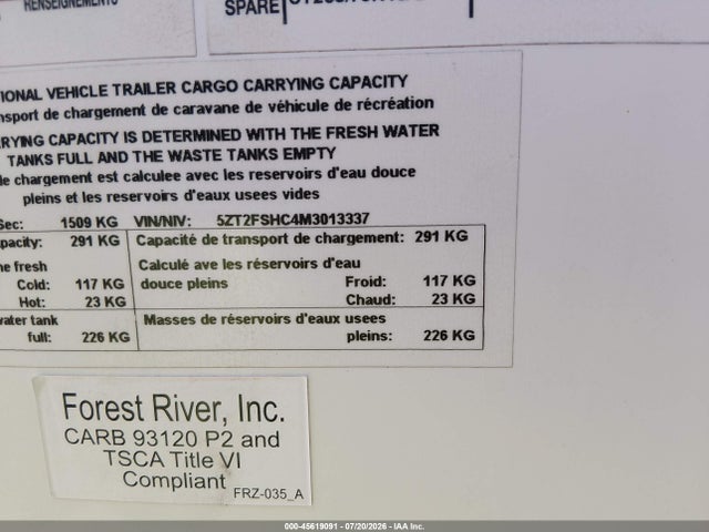 Aukcja sprzedaży 2021 Forest River Flagstaff E-pro Travel Trailer, vin: 5ZT2FSHC4M3013337, numer aukcji: 45619091