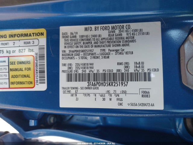 Ford FUSION SE 2019 3FA6P0HD5KR251957 Image 9