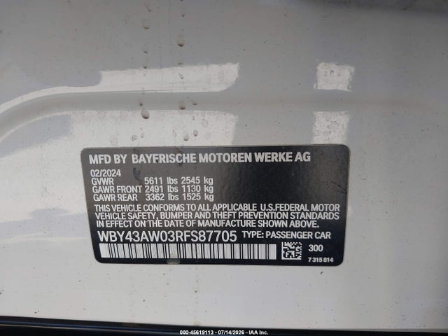 Продажа на аукционе авто 2024 Bmw I4 Gran Coupe Edrive35, vin: WBY43AW03RFS87705, номер лота: 45619113