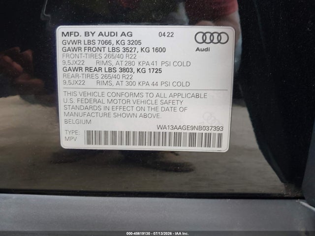 Aukcja sprzedaży 2022 Audi E-tron Sportback Prestige S Line Quattro, vin: WA13AAGE9NB037393, numer aukcji: 45619130