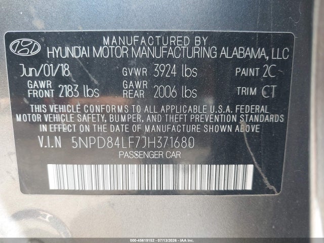 5NPD84LF7JH371680 Hyundai Elantra Value Edition
