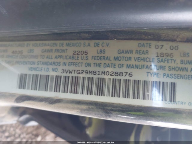 Aukcja sprzedaży 2001 Volkswagen Jetta Glx, vin: 3VWTG29M81M028876, numer aukcji: 45619159