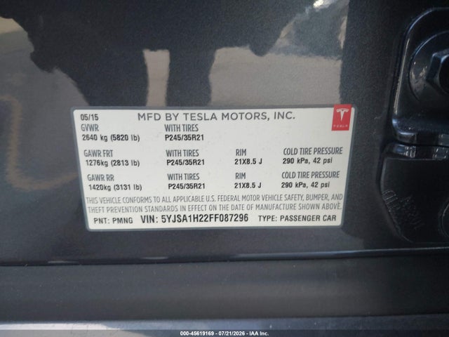 Tesla Model S 70d/85d/p85d 2015 5YJSA1H22FF087296 Image 9