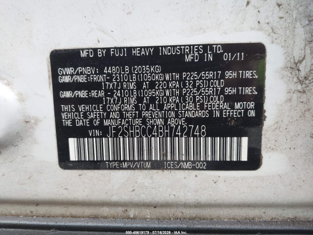 Продаж на аукціоні авто 2011 Subaru Forester 2.5x Premium, vin: JF2SHBCC4BH742748, номер лоту: 45619179