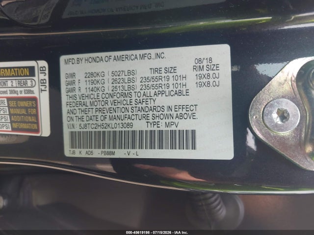 Aukcja sprzedaży 2019 Acura Rdx Technology Package, vin: 5J8TC2H52KL013089, numer aukcji: 45619198