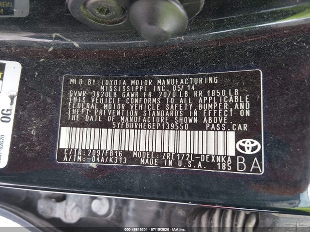 2014 Toyota Corolla Le მანქანა იყიდება აუქციონზე, vin: 5YFBURHE6EP139550, აუქციონის ნომერი: 45619201