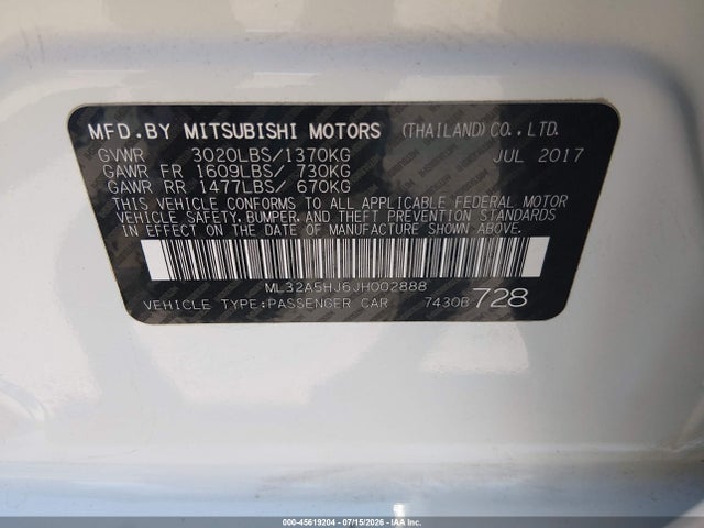Продаж на аукціоні авто 2018 Mitsubishi Mirage Gt, vin: ML32A5HJ6JH002888, номер лоту: 45619204