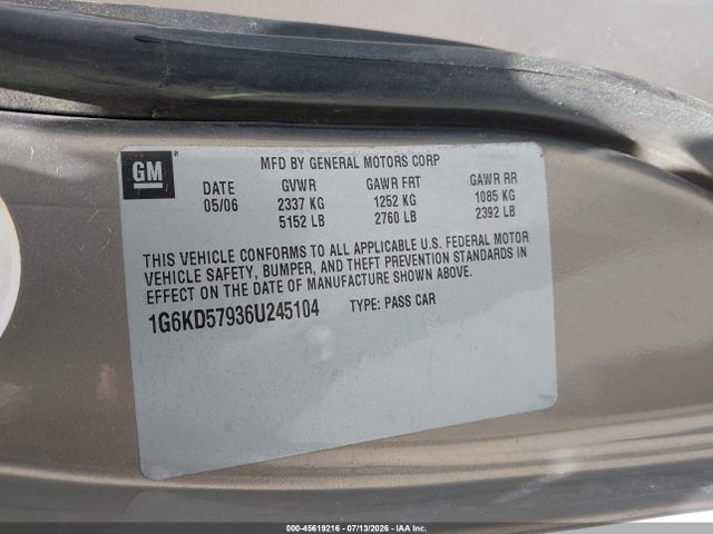 45619216 :رقم المزاد ، 1G6KD57936U245104 vin ، 2006 Cadillac Dts 1se مزاد بيع