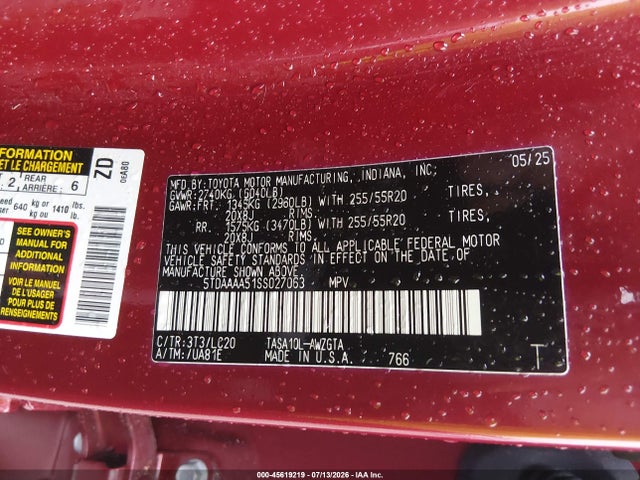 Aukcja sprzedaży 2025 Toyota Grand Highlander Limited, vin: 5TDAAAA51SS027063, numer aukcji: 45619219
