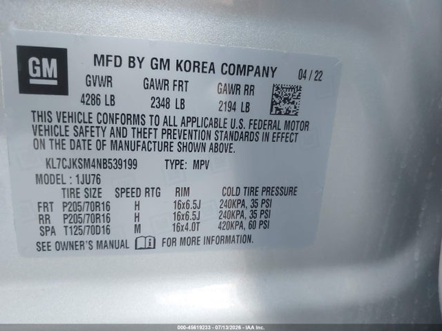 KL7CJKSM4NB539199 Chevrolet Trax Fwd Ls