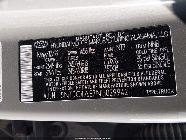 5NTJC4AE7NH029942 Hyundai Santa Cruz Sel