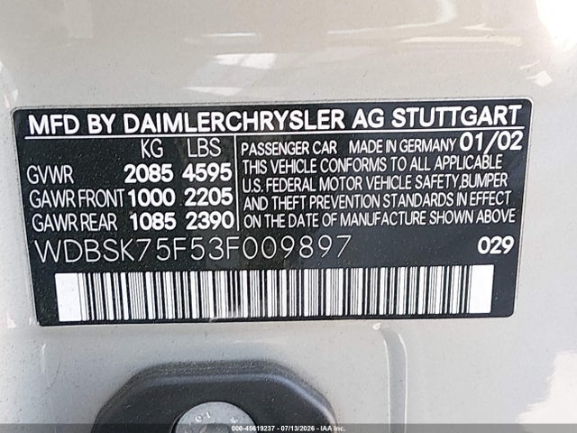 Aukcja sprzedaży 2003 Mercedes-benz Sl 500, vin: WDBSK75F53F009897, numer aukcji: 45619237