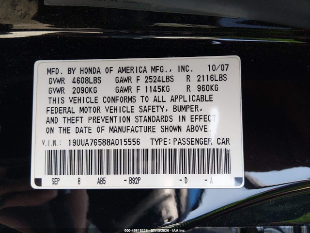 45619238 :رقم المزاد ، 19UUA76588A015556 vin ، 2008 Acura Tl Type S مزاد بيع