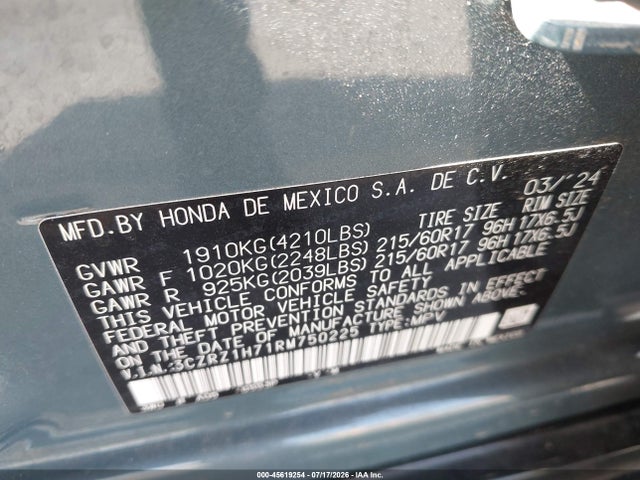Продажа на аукционе авто 2024 Honda Hr-v, vin: 3CZRZ1H71RM750225, номер лота: 45619254