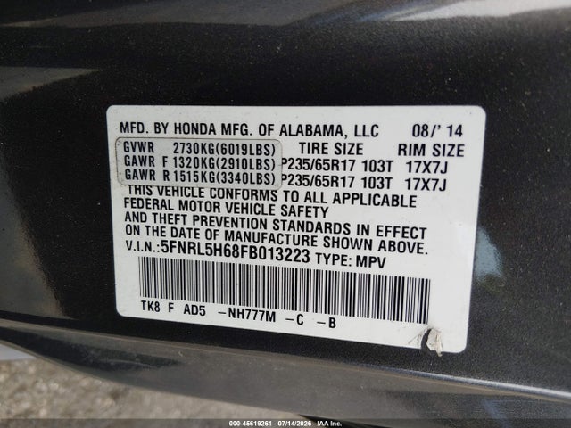 Aukcja sprzedaży 2015 Honda Odyssey Ex-l, vin: 5FNRL5H68FB013223, numer aukcji: 45619261