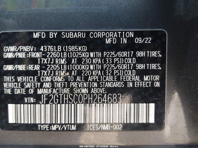 Aukcja sprzedaży 2023 Subaru Crosstrek Sport, vin: JF2GTHSC0PH264683, numer aukcji: 45619265