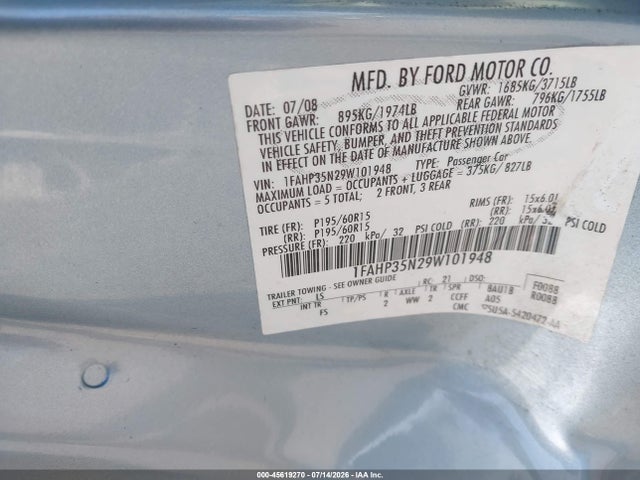 45619270 :رقم المزاد ، 1FAHP35N29W101948 vin ، 2009 Ford Focus Se مزاد بيع