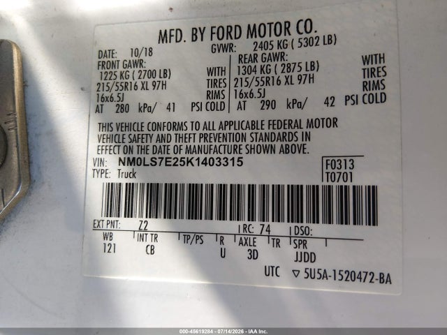 2019 Ford Transit Connect Xl მანქანა იყიდება აუქციონზე, vin: NM0LS7E25K1403315, აუქციონის ნომერი: 45619284